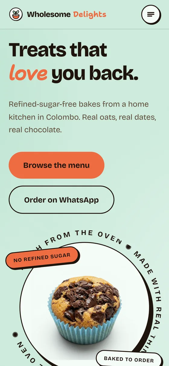 Wholesome Delights homepage at 390px wide