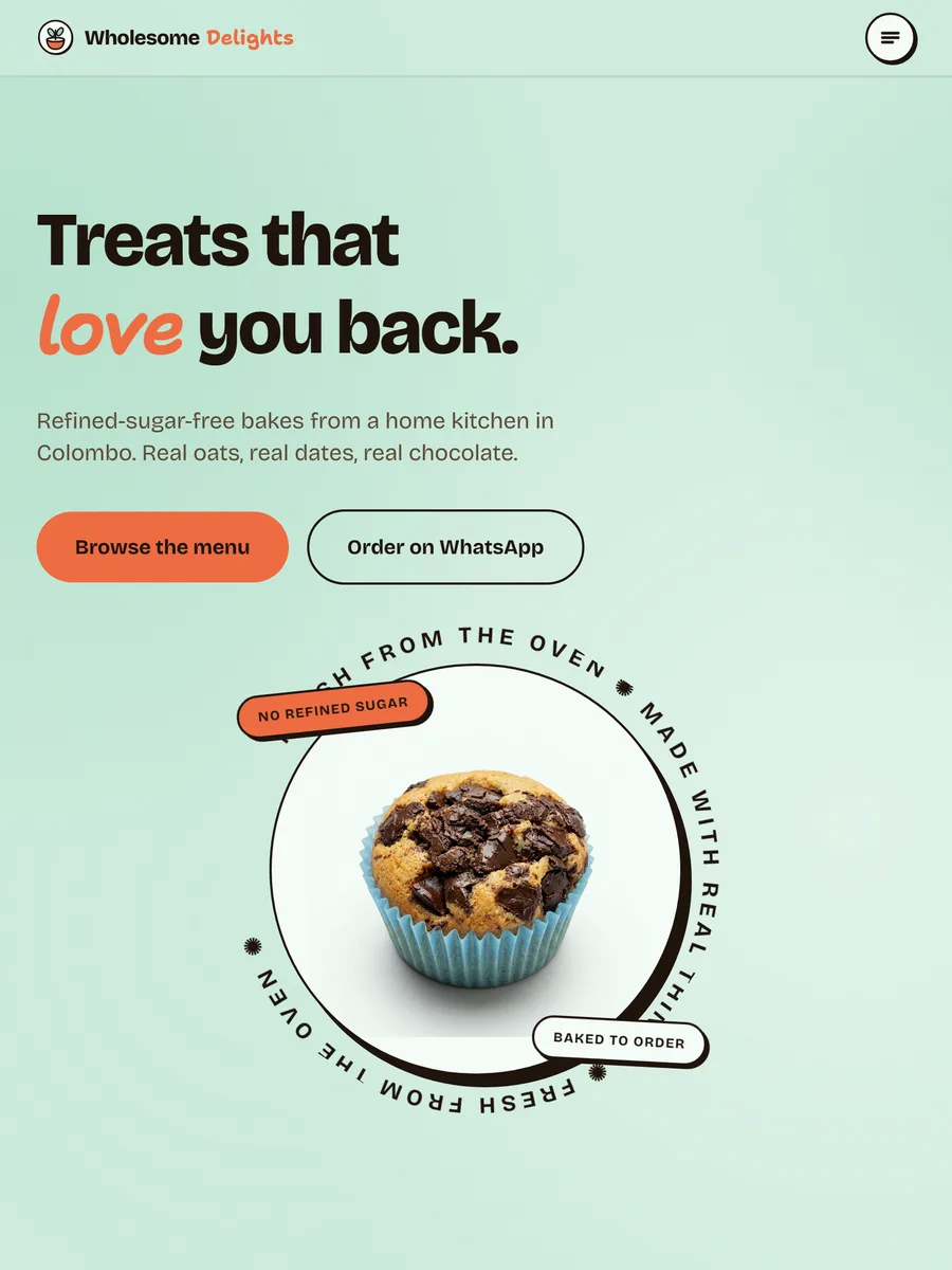 Wholesome Delights homepage at 834px wide